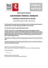 Emergency Road Closure - A28 Marine Terrace, Margate - 29th January 2022