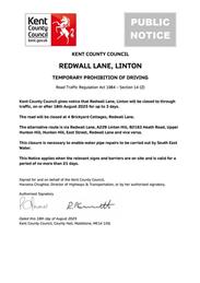 SEW - Emergency Road Closure - Redwall Lane, Linton - 18th August 2025 (Maidstone)