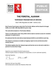 Urgent Road Closure - The Forstal, Alkham - 15th July 2024