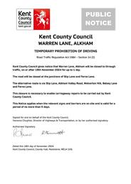 Urgent Road Closure - Warren Lane, Alkham - 19th November 2024 (Dover)