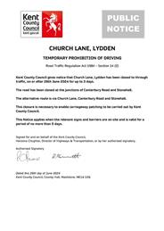 Urgent Road Closure - Church Lane, Lydden - 26th June 2024 (Dover)