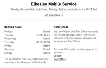Elkesley Mobile Post Office Service - new opening hours