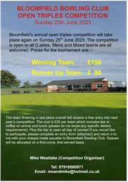 BLOOMFIELD BOWLING CLUB OPEN TRIPLES COMPETITION Sunday 25th June 2023