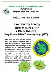 Community Energy talk Wednesday 17th July 2024 at 7.00pm.