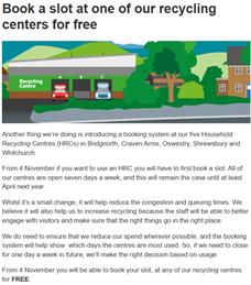 New booking system at Household Recycling Centres (HRCs) in Bridgnorth, Craven Arms, Oswestry, Shrewsbury and Whitchurch.