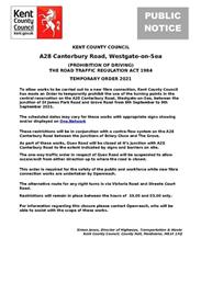 KCC Notice - A28 Canterbury Road - Temporary closure of Turning points in central reservation