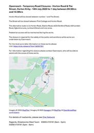 Horton Road and the Street Temporary Road closure 18 July
