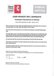A299 Hengist Way Road Closure 18th July 2024 for up to 5 days