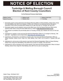NOTICE OF ELECTION - TONBRIDGE & MALLING BOROUGH COUNCIL ELECTION OF KENT COUNTY COUNCILLOR
