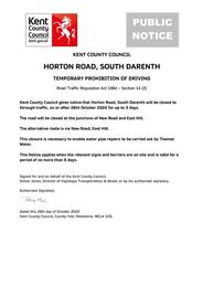 Urgent - Horton Road closure 26 October