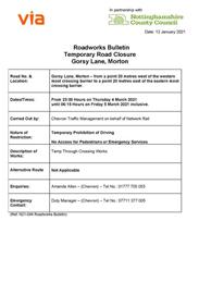 Temporary Road Closure overnight from 23.00 on Thursday 4 March to 06.15 on Friday 5 March 2021