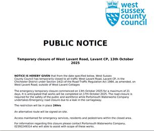 Road closure - West Lavant Road