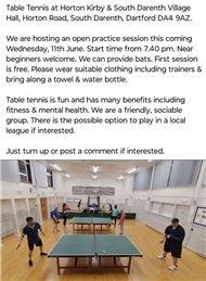 Table Tennis at the Village hall - Free Open Practice Evening