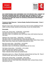 Temporary Road Closures From 2nd September