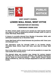 Temporary Road Closure – Lower Wall Road, West Hythe – 9-21 November 2020