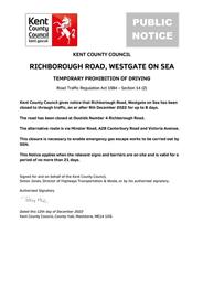 KCC Notice - Road Closure - Richborough Road, Westgate