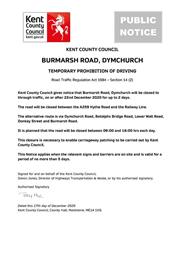 Urgent Road Closure - Burmarsh Road, Dymchurch - 22nd December 2020 (Folkestone & Hythe)