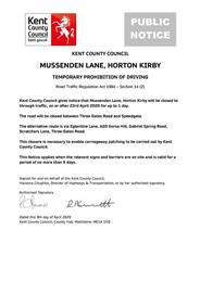 Urgent Road Closure - Mussenden Lane, Horton Kirby - 23rd April 2025