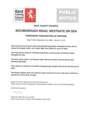 KCC Notice - Road Closure - Richborough Road, Westgate