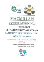 Macmillian Coffee Morning at The Lodge on Saturday 25 September