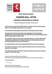 Urgent Road Closure - Tanners Hill, Hythe - 28th January 2021 (Folkestone & Hythe)