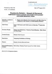 1st Sept. 2018 AIRCREWS MEMORIAL EVENT TEMP ROAD CLOSURE BLEASBY