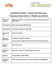 Advance warning of temporary road closure in Morton