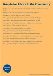 Outreach Schedule - Drop-in for Advice in the Community