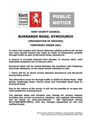 Temporary Road Closure – Burmarsh Road, Dymchurch – 11-13 January 2021
