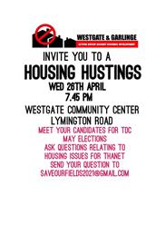 Housing Hustings Weds 26th April, 7.30pm