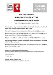 Urgent Road Closure - Hillside Street, Hythe - 26th October 2020 (Folkestone & Hythe)