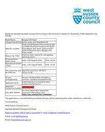 Early Warning Road Closure: Burgess Hill Road, Ansty, 11th August 2025