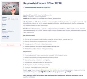 PARISH COUNCIL VACANCY FOR RESPONSIBLE FINANCE OFFICER