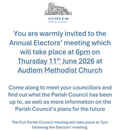 Annual Electors’ meeting, 6pm, Thursday 11th June, Audlem Methodist Church
