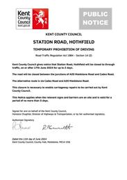 Station Road Hothfield Closed 17th June
