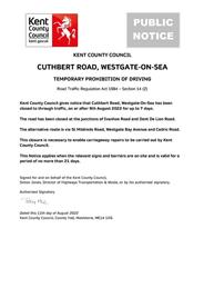 Emergency Road Closure - Cuthbert Road, Westgate-On-Sea - 9th August 2022
