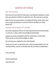 CLUB ANNOUNCEMENT - COVID - 19