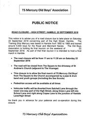High Street: Temporary Road Closure for Mercury Old Boys Parade