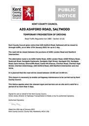 Urgent Road Closure - A20 Ashford Road, Saltwood - 27th January 2021 (Folkestone & Hythe)