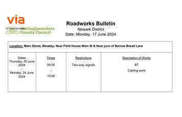 Roadworks Bulletin - Main Street 20th-24th June