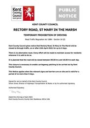 Urgent Road Closure - Rectory Road, St Mary In The Marsh - 24th April 2021 (Folkestone & Hythe)