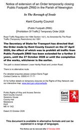 ZR60 Footpath Closure (between Lower Hartlip Road and London Road) Extended