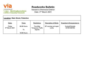 Notice of Road Works on Main Street Fiskerton on Friday 5 March 0900-16.00