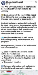 Upcoming resurfacing works - A49 Shrewsbury Road, Hadnall