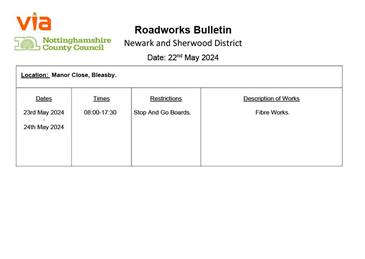  - Roadworks Bulletin - Manor Close, Bleasby 23-24 May