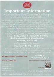 Post Office at Coddington Community Centre - Thursdays 1pm to 3pm