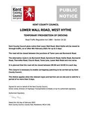 Urgent Road Closure - Lower Wall Road, West Hythe - 8th February 2021 (Folkestone & Hythe)