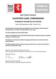 Calfstock Lane Closed 27th May for 1 Day