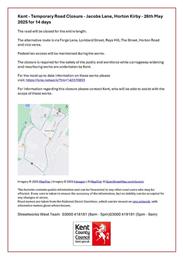 Kent - Temporary Road Closure - Jacobs Lane, Horton Kirby - 26th May 2025 for 14 days