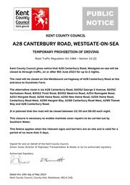 A28 CANTERBURY ROAD, WESTGATE-ON-SEA - Road Closure